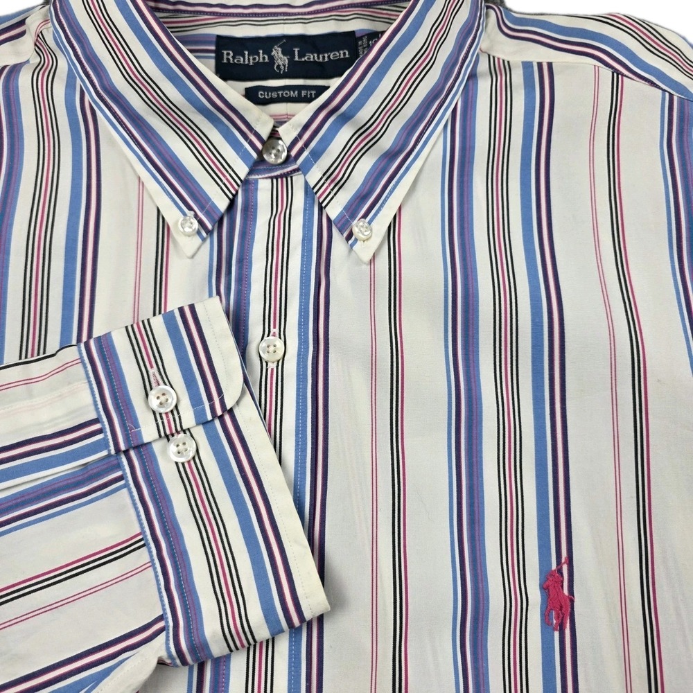 Ralph‎ Lauren Shirt Men's 2XL Blue Pink Stripe Long Sleeve Custom Fit Pony XXL